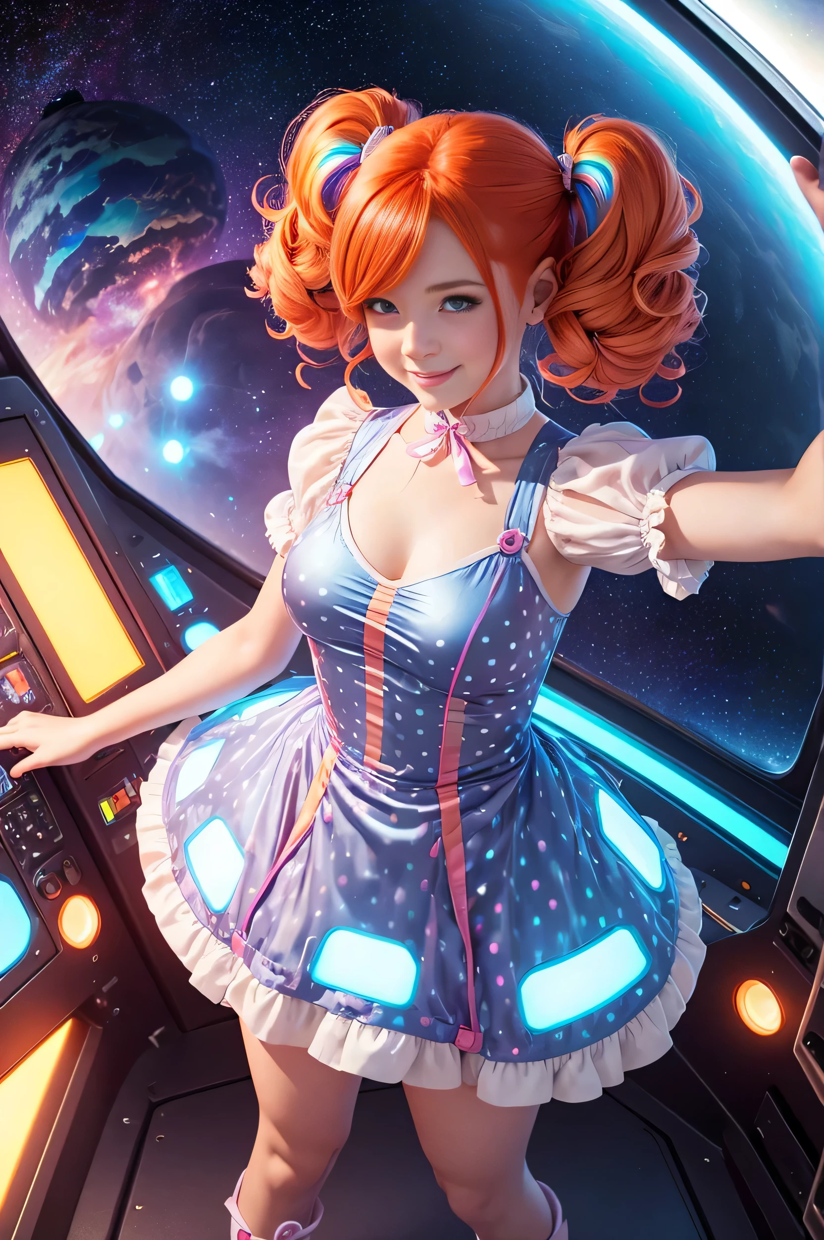 (overhead view) Cute redhead with rainbow colored hair tips, ribbons in her hair, 18-year-old woman, happy, smiling, in twin tails, perfect eyes, clear sparkling blue eyes, pale skin, silky smooth skin, flying a fancy metal luxurious space ship, futuristic cockpit, she's a pilot, outer space, stars in background, dark warm lighting, wearing a futuristic party dress, pleated (chemise) mini dress (pastel rainbow colors, and polka dots), puffy sleeves, silk, wearing full body pantyhose, cute short cut booties, boots.