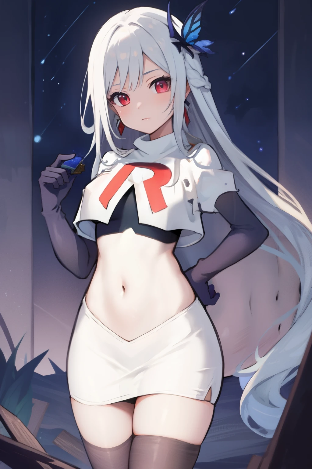 1girl, skirk \(genshin impact\), earrings, butterfly hair ornament, looking at viewer, starry sky, shooting star, cowboy shot, masterpiece, team rocket,team rocket uniform,white skirt,crop top,black thigh-highs,black elbow gloves,