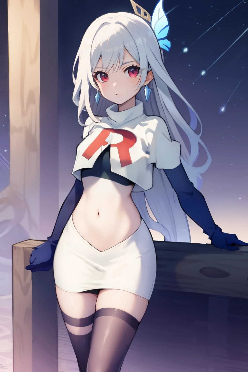 1girl, skirk \(genshin impact\), earrings, butterfly hair ornament, looking at viewer, starry sky, shooting star, cowboy shot, masterpiece, team rocket,team rocket uniform,white skirt,crop top,black thigh-highs,black elbow gloves,