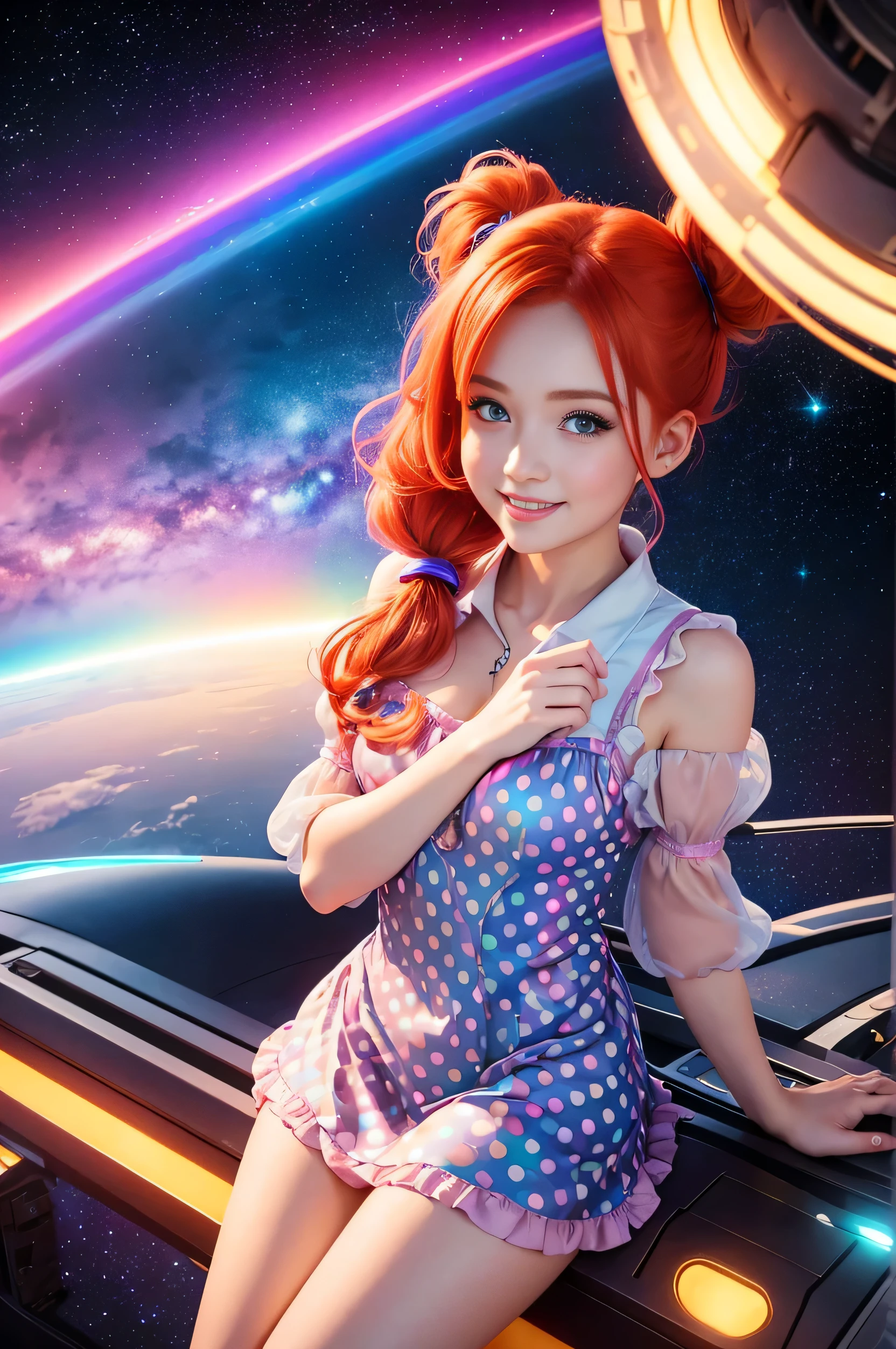 (overhead view) Cute redhead with rainbow colored hair tips, ribbons in her hair, 18-year-old woman, happy, smiling, in twin tails, perfect eyes, clear sparkling blue eyes, pale skin, silky smooth skin, flying a fancy metal luxurious space ship, futuristic cockpit, she's a pilot, outer space seen in windows, dark warm lighting, wearing a futuristic party dress, pleated (chemise) mini dress (pastel rainbow colors, and polka dots), puffy sleeves, silk, pantyhose, cute short cut booties, boots.