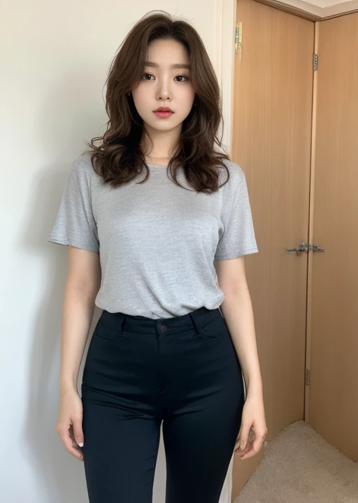 wearing super micro mini pants,From before、The whole body from a distance、A woman with the same face as last time(misaki),4K、1people's women、slender、 Loose wavy styling 、full body shot、seductive and attractive,Including face and skin texture,detailed eyes、a seductive look