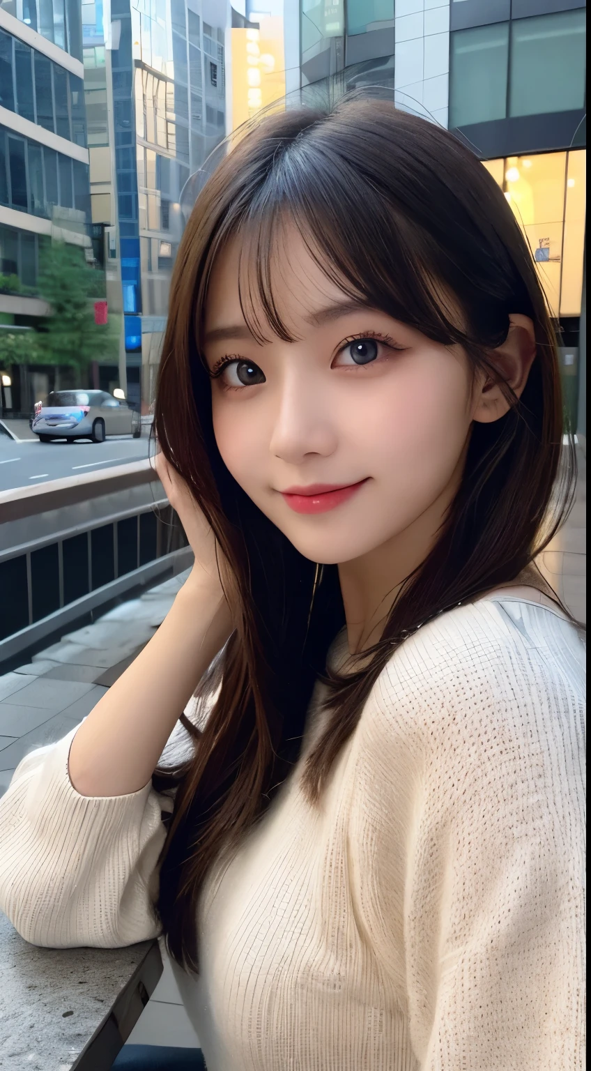 table top, highest quality, shape, Super detailed, finely, High resolution, 8k wallpaper, 完璧なダイナミックな構shape, beautiful and detailed eyes, winter dress,medium hair, small breasts, natural color lip, random sexy pose,smile,big city、20 year old girl、midnight、beautiful and detailed face、perfect and beautiful face,Big eyes