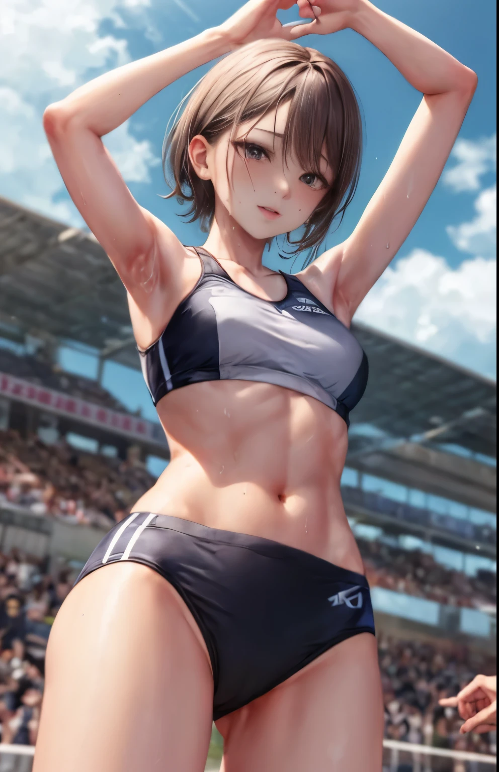 highest quality、High resolution,  sport bikini women、slender line、Raise your hands to show your armpits、sweating、Looks like a model, full of sweat、