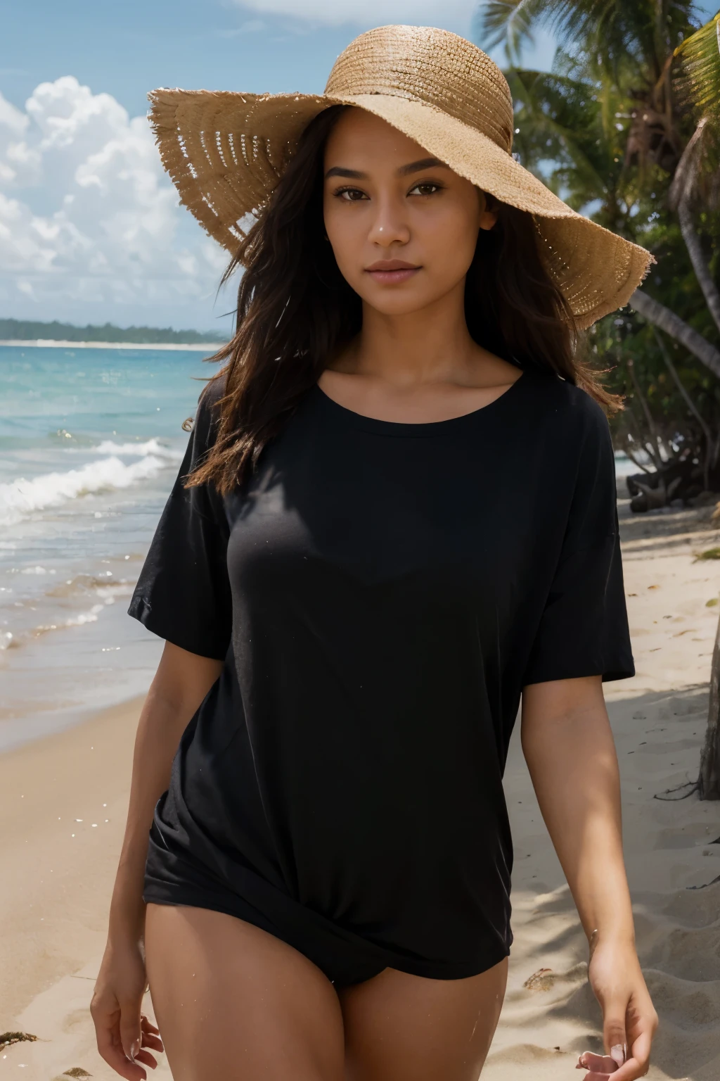 ((best quality)), ((masterpiece)), ((high res)), ((perfect photograph)), ((realistic)), (perfect face), beautiful Polynesian woman, on beach, walking towards camera on beach, wearing a long black t-shirt, happy, wearing sunhat, light shining on shirt, knot on shirt to the side