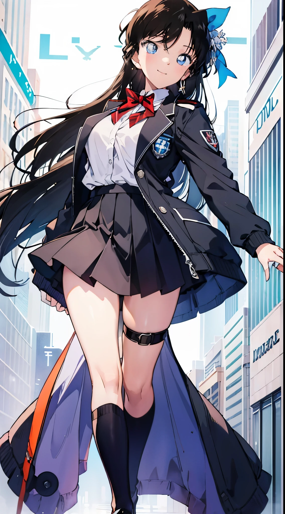 top quality,masterpiece,​masterpiece,8k,High level of image quality,High pixel count,1 female,1 girl,solo,no background,White background,maori land,a smile,dark blue eyes,A black-haired one,long,straight hair,deep blue jacket,closed jacket,dark blue skirt,(Uniforms,school uniform),,Full body female love,standing,facing forward,cowboy shooting,