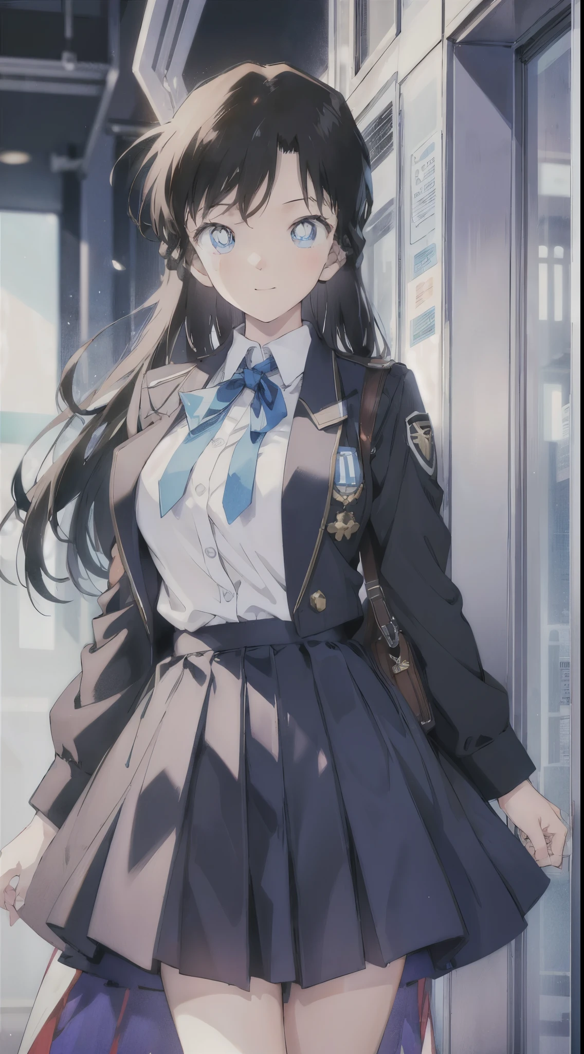 top quality,masterpiece,masterpiece,8k,High level of image quality,High pixel count,1 female,1 girl,solo,no background,White background,maori land,a smile,dark blue eyes,A black-haired one,long,straight hair,deep blue jacket,closed jacket,dark blue skirt,(Uniforms,school uniform),,Full body female love,standing,facing forward,cowboy shooting,