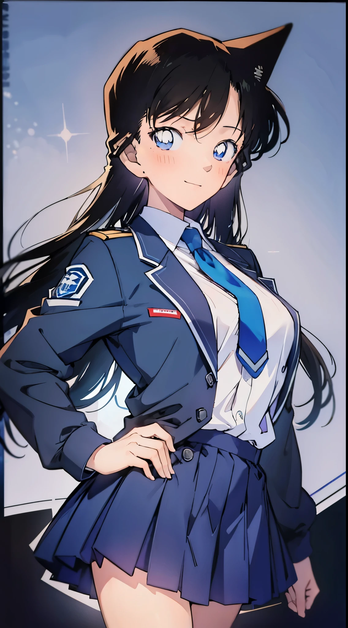 top quality,masterpiece,​masterpiece,8k,High level of image quality,High pixel count,1 female,1 girl,solo,no background,White background,maori land,a smile,dark blue eyes,A black-haired one,long,straight hair,deep blue jacket,closed jacket,dark blue skirt,(Uniforms,school uniform),,Full body female love,standing,facing forward,cowboy shooting,