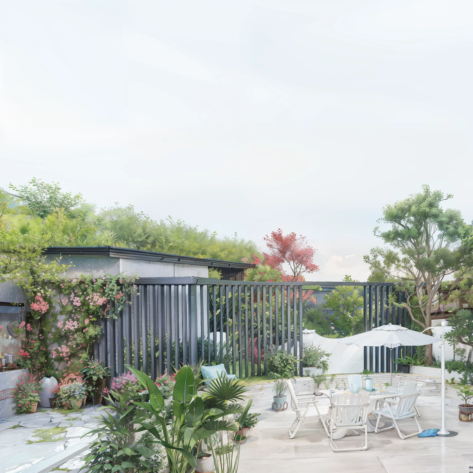 there is a patio with a table and chairs and a lot of plants, green terrace, natural realistic render, highly photographic render, architectural visualisation, enscape render, lumion render, highly detailed render, plants and patio, lumion rendering, roof garden, a photorealistic rendering, with lots of vegetation, rendered in lumion pro, professional render, realistic physical rendering