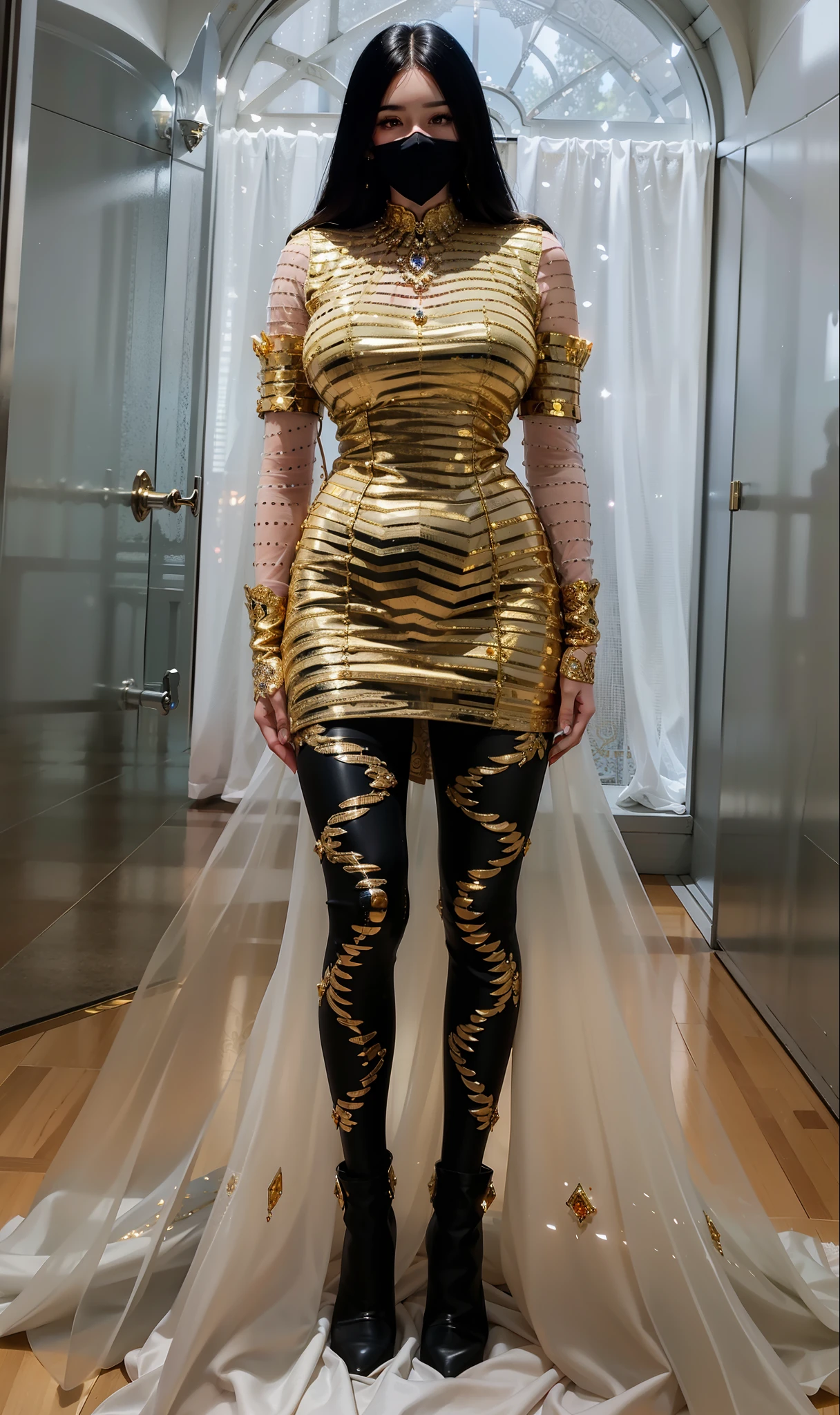 Royal sister,exquisite eyes,Detailed text,tall figure,Leg length,4K,HD,,White translucent lace,Fair and plump figure,pretty face,Little cherry mouth,beautiful and delicious(3D royal sister),Gorgeous dress encrusted with gemstones crystal gold diamonds,Wear shiny reflective gelcoat,wear mask