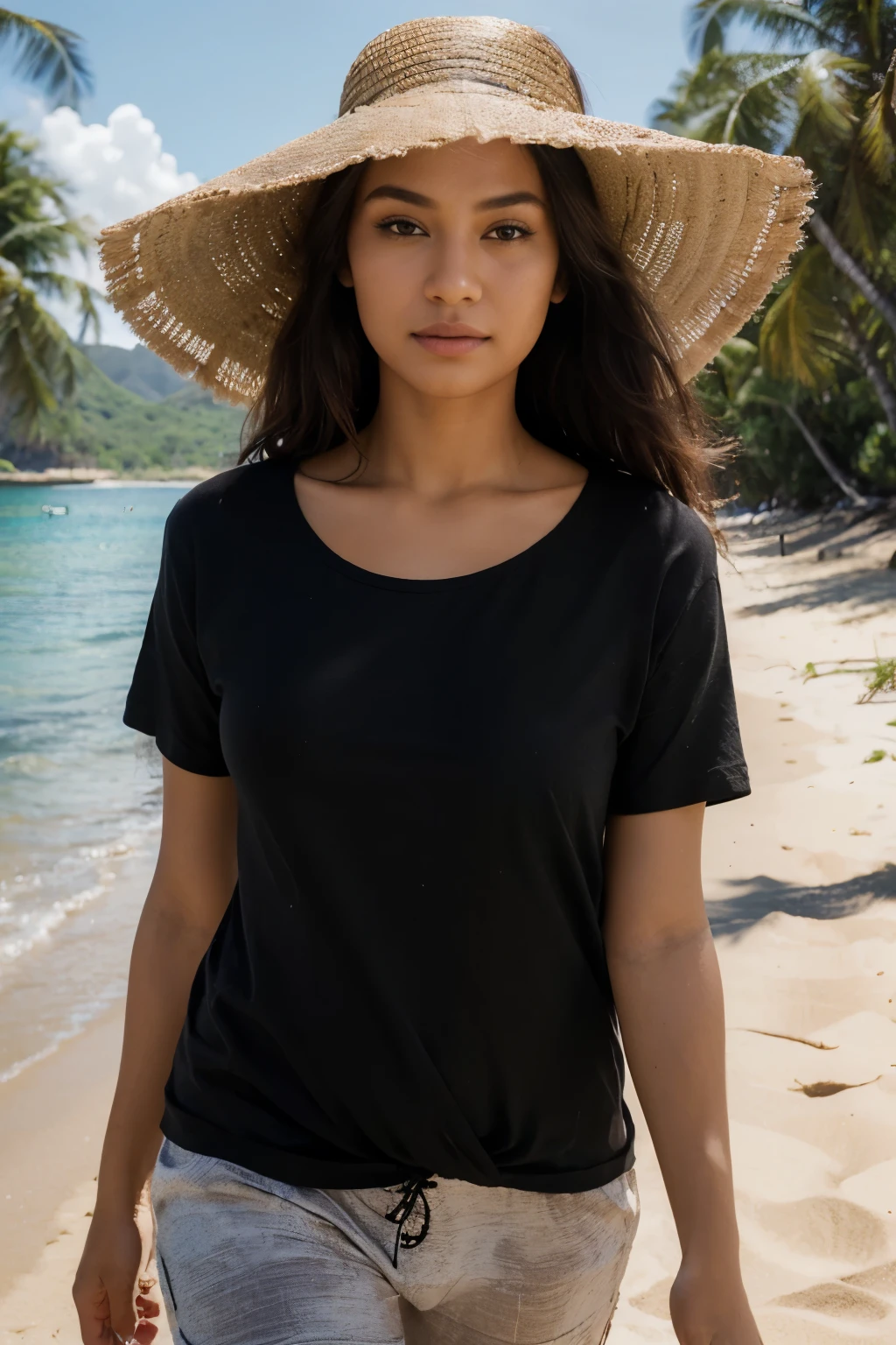 ((best quality)), ((masterpiece)), ((high res)), ((perfect photograph)), ((realistic)), (perfect face), beautiful Polynesian woman, on beach, walking towards camera on beach, wearing a long black t-shirt, happy, wearing sunhat, light shining on shirt, knot on shirt to the side