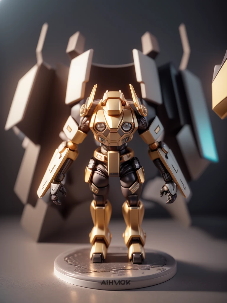 (Blind box toy style:1.3),((Full body shot))(anthropomorphism) , (1 strong goat mecha warrior)(((solo))) metal mecha,dreamy glow, Clean dark background,Brown black style,(circular base)( Global illumination, Ray tracing, hdr, unreal render,reasonable design, high detail, Masterpiece, Best quality, hyper HD, Cinematic lighting)