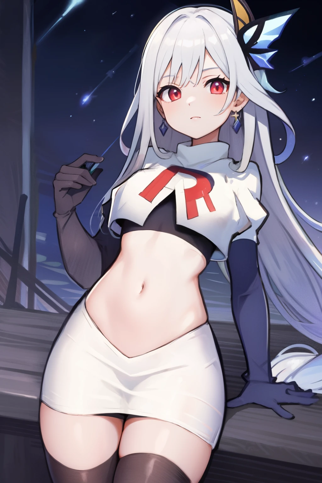 1girl, skirk \(genshin impact\), earrings, butterfly hair ornament, looking at viewer, starry sky, shooting star, cowboy shot, masterpiece, team rocket,team rocket uniform,white skirt,crop top,black thigh-highs,black elbow gloves,