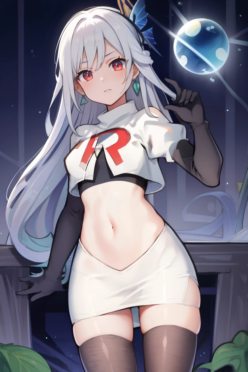 1girl, skirk \(genshin impact\), earrings, butterfly hair ornament, looking at viewer, starry sky, shooting star, cowboy shot, masterpiece, team rocket,team rocket uniform,white skirt,crop top,black thigh-highs,black elbow gloves,