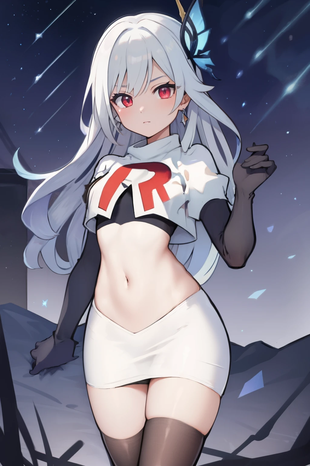 1girl, skirk \(genshin impact\), earrings, butterfly hair ornament, looking at viewer, starry sky, shooting star, cowboy shot, masterpiece, team rocket,team rocket uniform,white skirt,crop top,black thigh-highs,black elbow gloves,