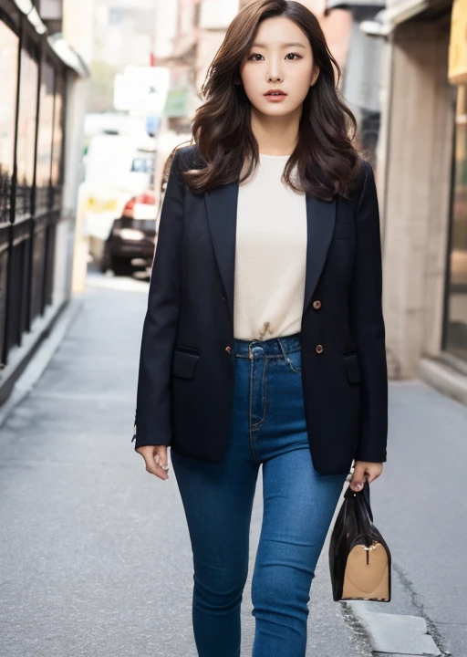wearing super micro mini pants,The whole body from a distance、A woman with the same face as last time(misaki),4K、1people's women、slender、 Loose wavy styling 、full body shot、seductive and attractive,Including face and skin texture,detailed eyes、a seductive look