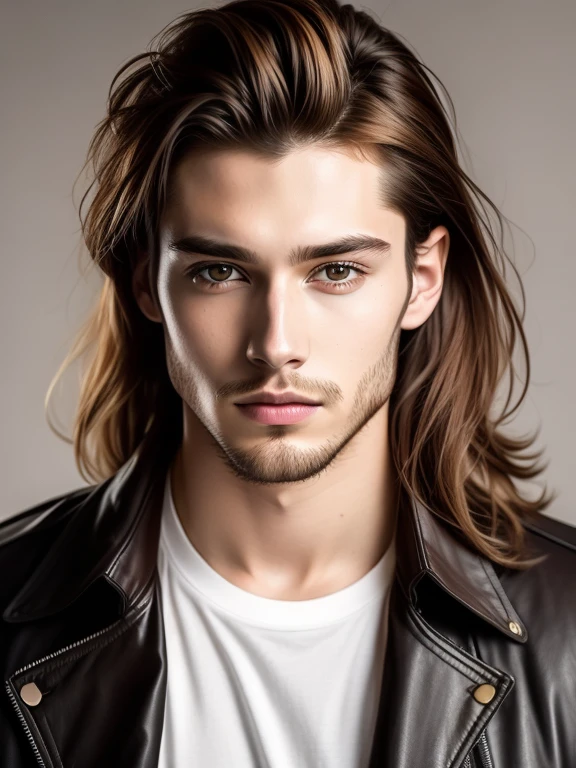 High quality, realistic, handsome strong muscular young 25-year-old man, pale white skin, a little bit of facial hair, brown long wavy hair, deep brown eyes, looking at the camera, looking intense, facing forward, tight white shirt with loose buttons, black leather jacket open