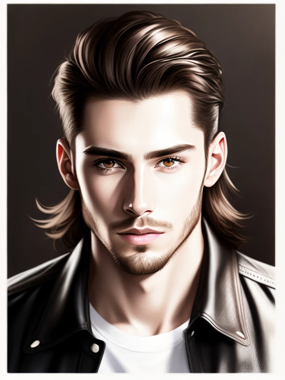 High quality, realistic, handsome strong muscular young 25-year-old man, pale white skin, a little bit of facial hair, brown long wavy hair, deep brown eyes, looking at the camera, looking intense, facing forward, tight white shirt with loose buttons, black leather jacket open
