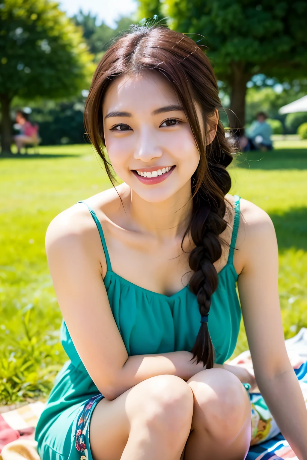 Photorealistic, high-quality 32k photo of a beautiful Japanese girl in a playful sundress, with detailed eyes and a lively smile, sitting on a picnic blanket in a park. She’s wearing a colorful sundress with comfortable flats, her hair in a loose braid. The image captures her surrounded by nature, with a focus on her cheerful demeanor and the peaceful greenery around her.