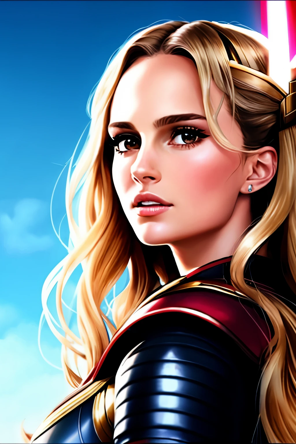 anime portrait of natalie portman,lady thor,television screenshot, giving a speech, youtube video screenshot, full face frontal centered, but as a photograph, filmation, technocracy, without text, 5d, age 2 0, portrait of wild