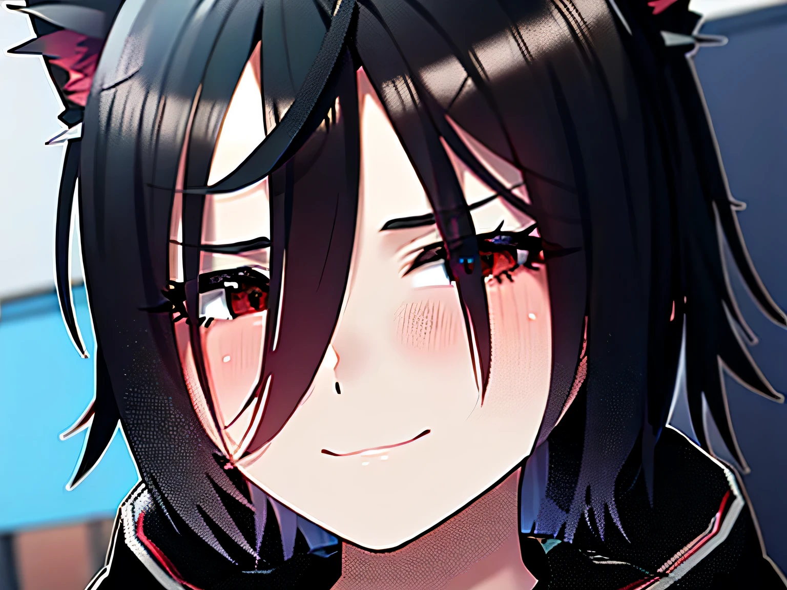 score_9_up, score_8_up, score_7_up, source_anime, 1girl, black hair, bob cut, medium hair, red eyes, light smile, (nude, portrait), cleavage, huge breasts