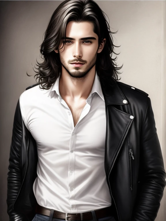 High quality, realistic, handsome strong muscular young 25 year old man, pale white skin, little bit of facial hair, black long wavy hair, deep brown eyes, looking at the camera, facing forward, tight white shirt with loose buttons, black leather jacket open