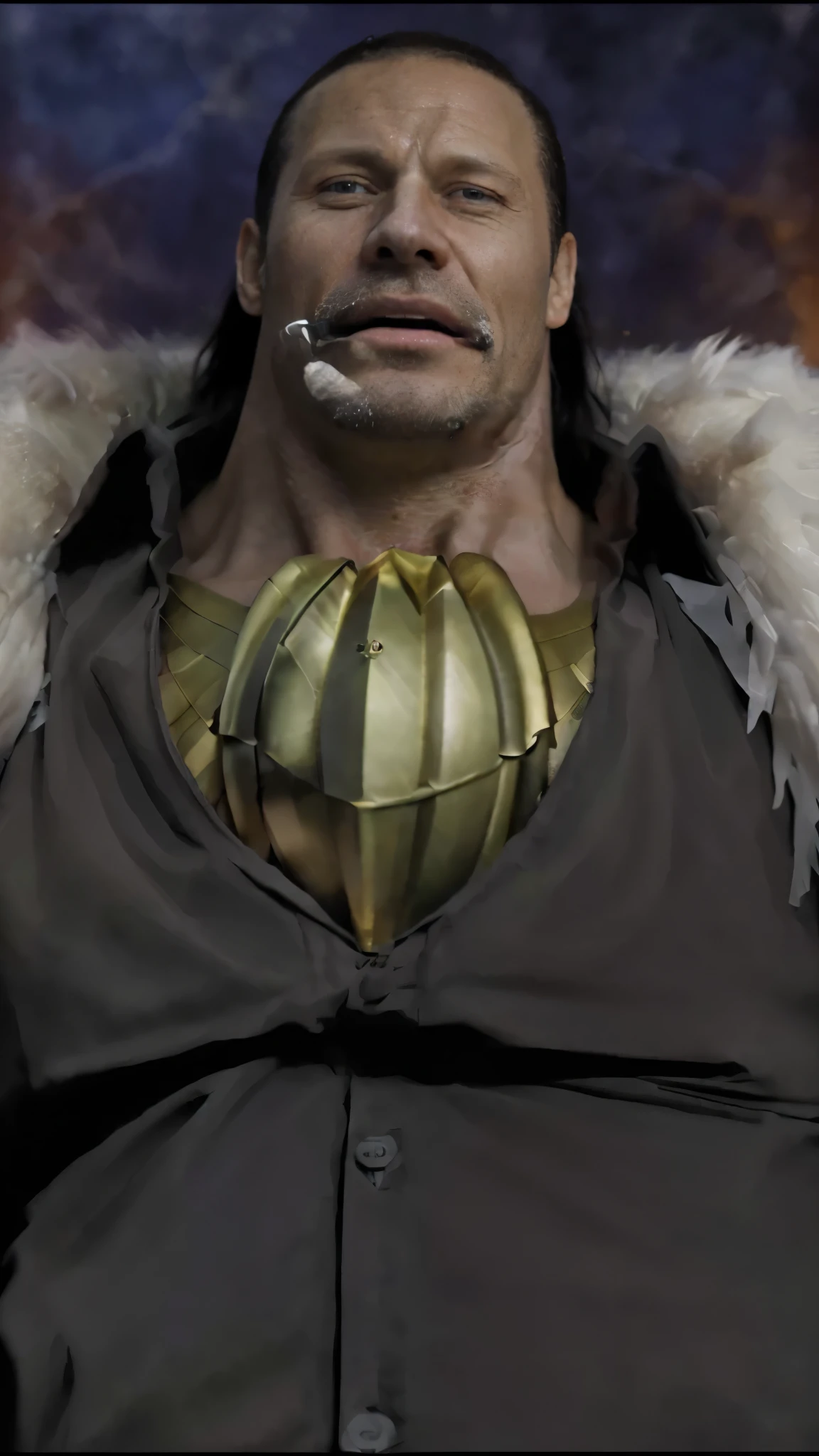 (masterpiece), (realistic), (ultra detailed), ( high reest quality), (photorealistic), (perfect face), (perfect anatomy), (((man))), (((male))), (((Russian people))), (((40 years old))), (((muscular))), (((solo))), crocodile from one piece, crocodile, (((the character's mouth is wide open)))
