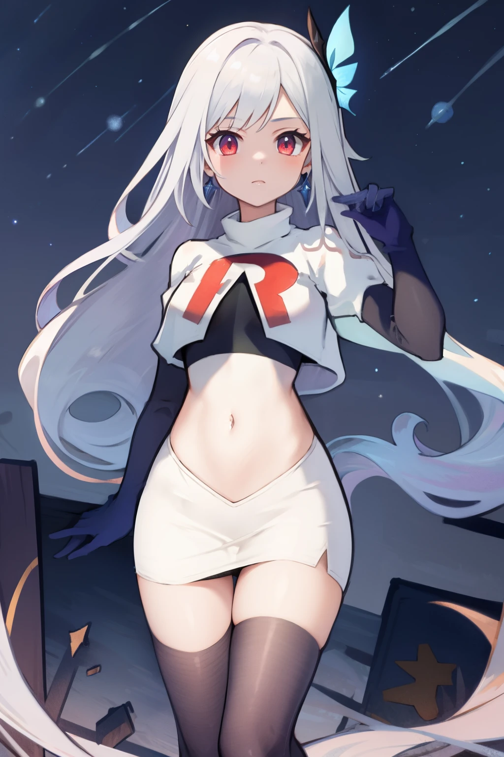 1girl, skirk \(genshin impact\), earrings, butterfly hair ornament, looking at viewer, starry sky, shooting star, cowboy shot, masterpiece, team rocket,team rocket uniform,white skirt,crop top,black thigh-highs,black elbow gloves,