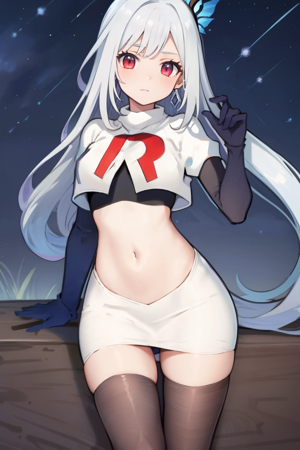 1girl, skirk \(genshin impact\), earrings, butterfly hair ornament, looking at viewer, starry sky, shooting star, cowboy shot, masterpiece, team rocket,team rocket uniform,white skirt,crop top,black thigh-highs,black elbow gloves,