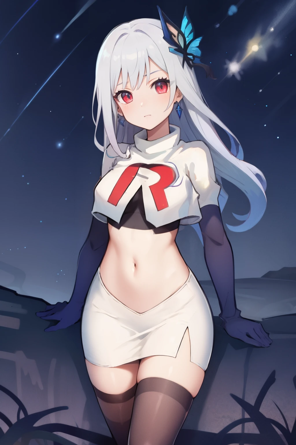 1girl, skirk \(genshin impact\), earrings, butterfly hair ornament, looking at viewer, starry sky, shooting star, cowboy shot, masterpiece, team rocket,team rocket uniform,white skirt,crop top,black thigh-highs,black elbow gloves,