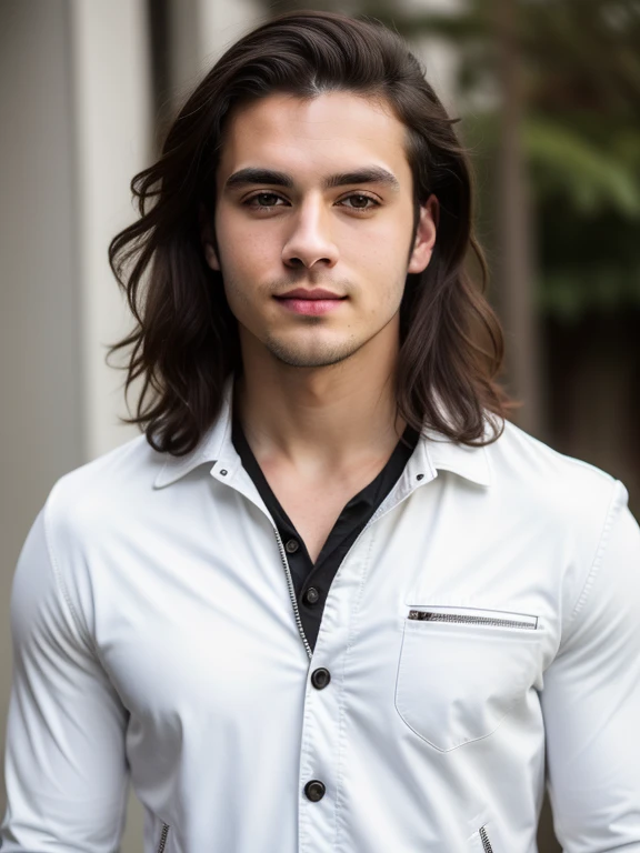 High quality, realistic, handsome strong muscular young 25 year old man, pale white skin, little bit of facial hair, black long wavy hair, deep brown eyes, looking at the camera, facing forward, tight white shirt with loose buttons, black leather jacket open
