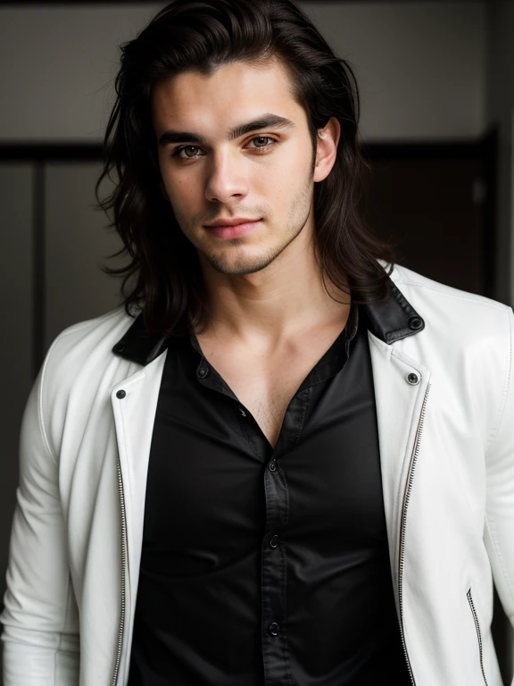 High quality, realistic, handsome strong muscular young 25 year old man, pale white skin, little bit of facial hair, black long wavy hair, deep brown eyes, looking at the camera, facing forward, tight white shirt with loose buttons, black leather jacket open