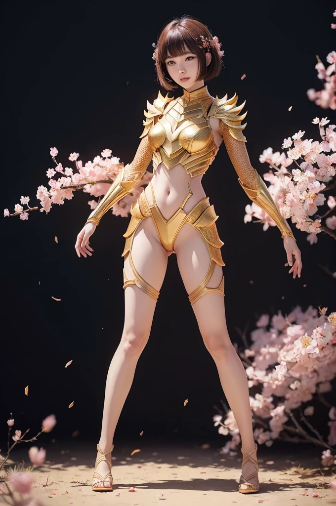 (((full body photo)))
beautiful japanese young woman, wearing spiderwoman armor made of honey, thick symmetrical features, very short hair, background is cherry blossoms, pink aura, red lips, octane render,