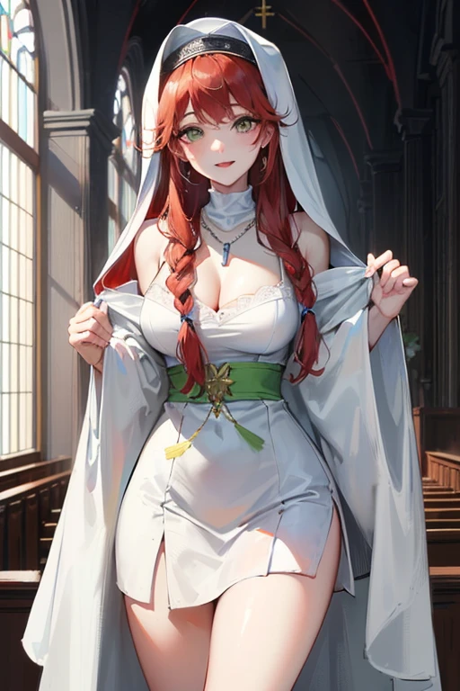 (Masterpiece: 1.5, best quality, high resolution: 1.3, super resolution, super detailed, ultra detailed: 1.3, rich background: 1.2, 1 woman)) pale skin + reddish hair + fluffy curly hair + lime green eyes + long eyelashes + feminine body + large chest + wide hips + thick thighs (priestess attire, modest outfit, delicate and innocent lace, necklace hanging from her neck) ((smiles, turning to look at the viewer, lonely church in the background, sunlight) ) (colors for clothing and accessories: black, white, cream, light blue, lime green)
