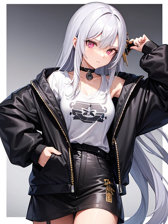 A girl ((unsheathing katana)) her appearance She has long a silver Hair fall's through her waist and Her eyes Gold vertical pupils, as she wearing a hoodie oversize with Kanji Japanese design patterns,her accessories has a silver dog tags under her neck, she wearing black aviator sunglasses, and black stylish cargos shirt has six pocket with Morden aesthetic design, background blue clear sky ocean in distance