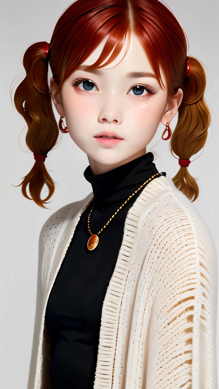 one girl、solo、cute face、14talent、short hair twintails、shortcut、Red hair fastening、small nose、plump lips、ash blonde hair、detailed description、black silk turtleneck shirt、white capelet、ruby necklace、dim background、Candlelight、Stone Room、highest quality、High resolution、high resolution、master piece:1.3、
