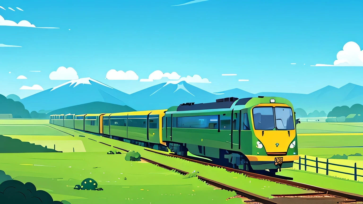 A green leather train pulls a cargo box behind it,Open from left to right,A certain angle from top to bottom,There is a track under the train。Behind is a large green grassland,There is a fence on the grass。Behind are green jungles and blue distant mountains。How many small clouds are floating in the blue sky,Vector illustration style
