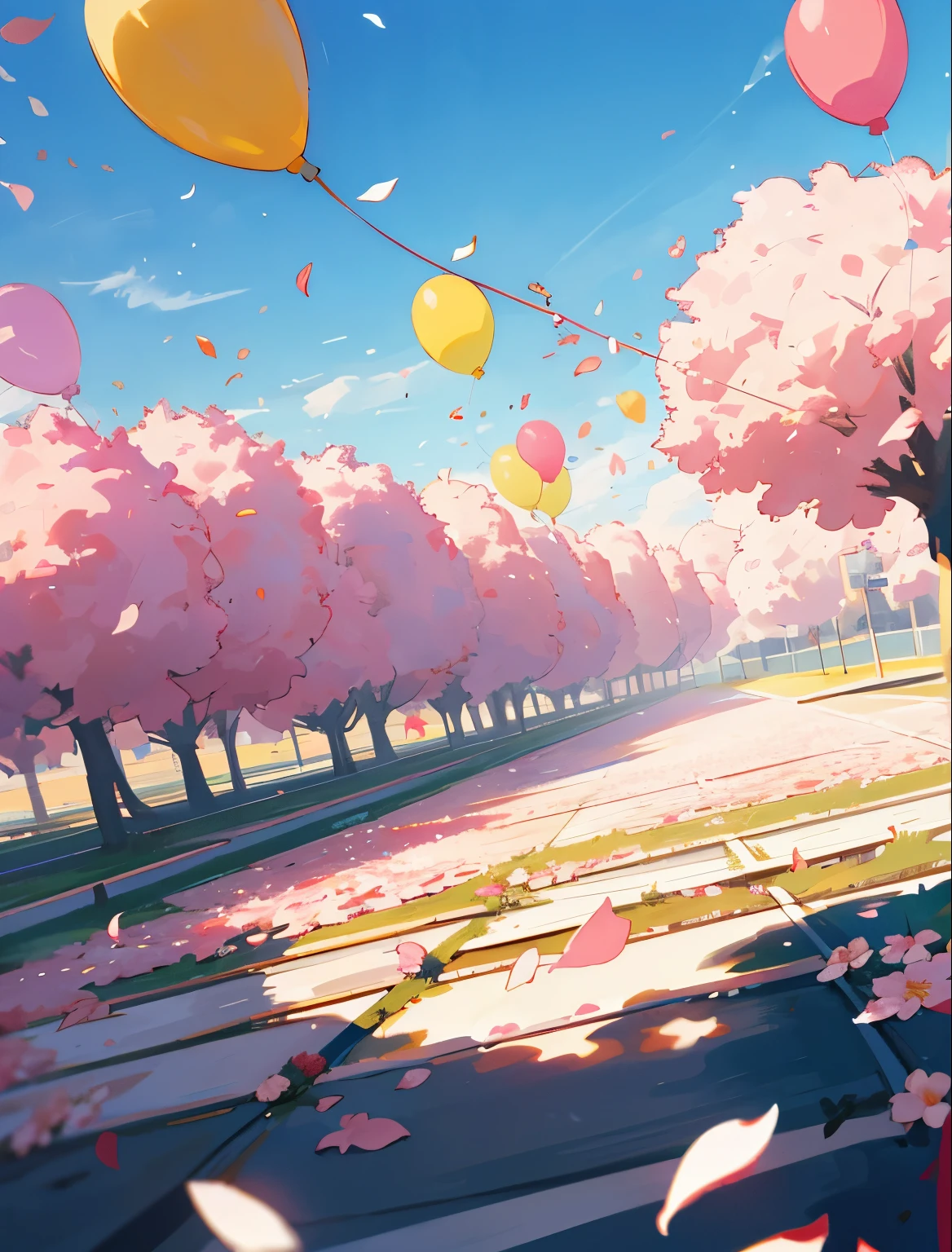 Only background no person, Better light and shadow, Only Background - Outdoor Birthday, Detailed sunlight, anime style, dutch angle, happy, flower petals, Outdoor with wide sky, Flying petals, flying balloons background 
