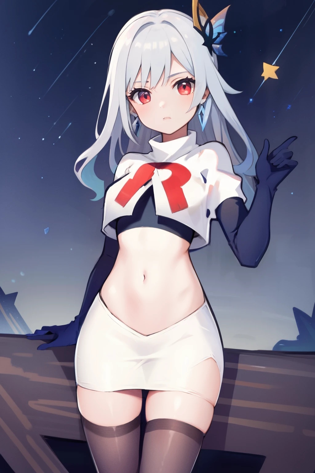 1girl, skirk \(genshin impact\), earrings, butterfly hair ornament, looking at viewer, starry sky, shooting star, cowboy shot, masterpiece, team rocket,team rocket uniform,white skirt,crop top,black thigh-highs,black elbow gloves,