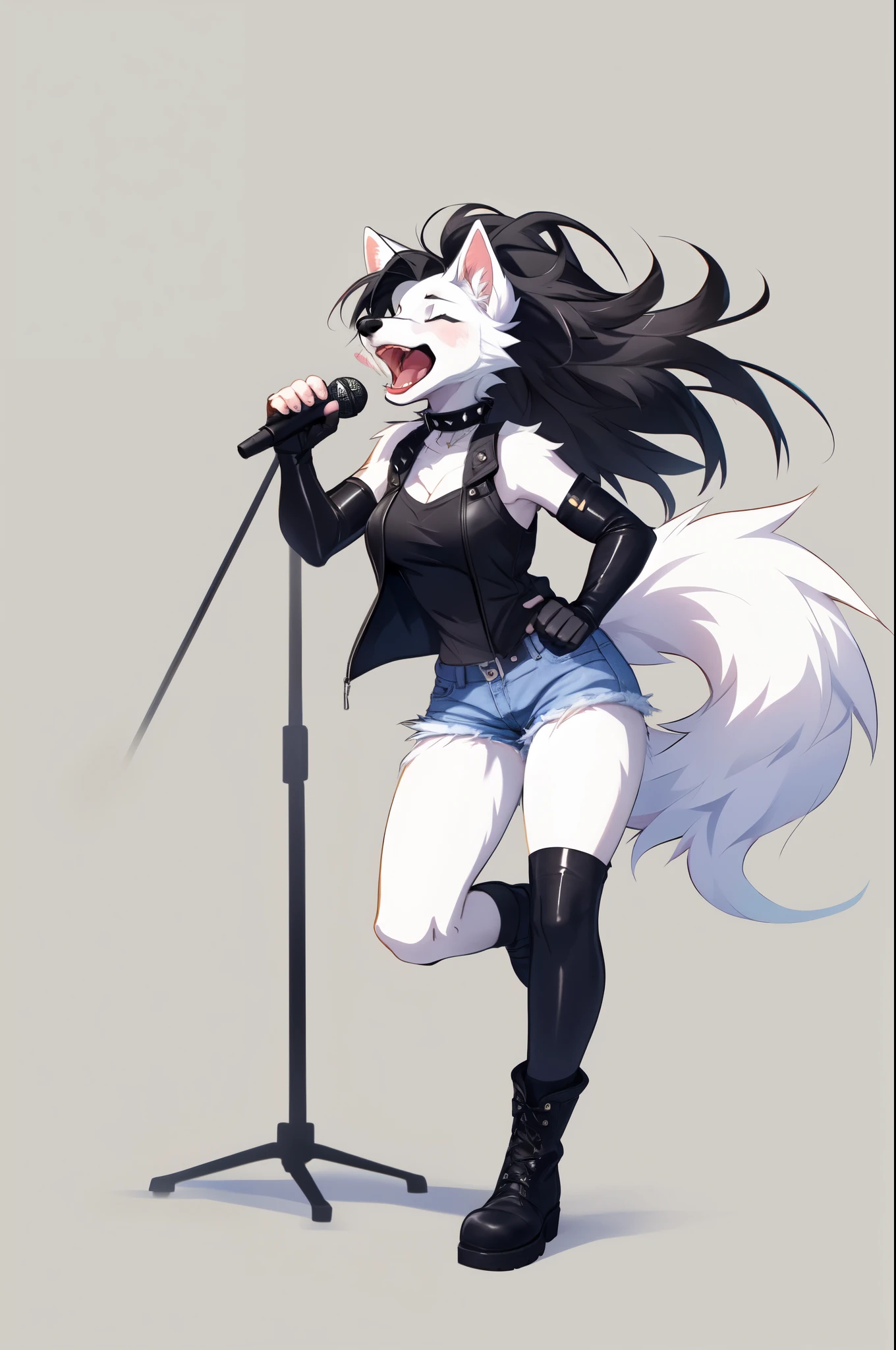 by fumiko,by hyattlen, by hioshiru, an all white wolf, eyes closed, white wolf tail, white wolf ears, cute snout, black nose, long white hair, black highlights in hair, tall slender body, thick thighs, wearing black leather vest, medium breasts, black arm warmers, fingerless black gloves, spiked choker, jean shorts, black boots, furrowed eyebrows, smiling, screaming, mouth open, holding a microphone, no background, simple white background