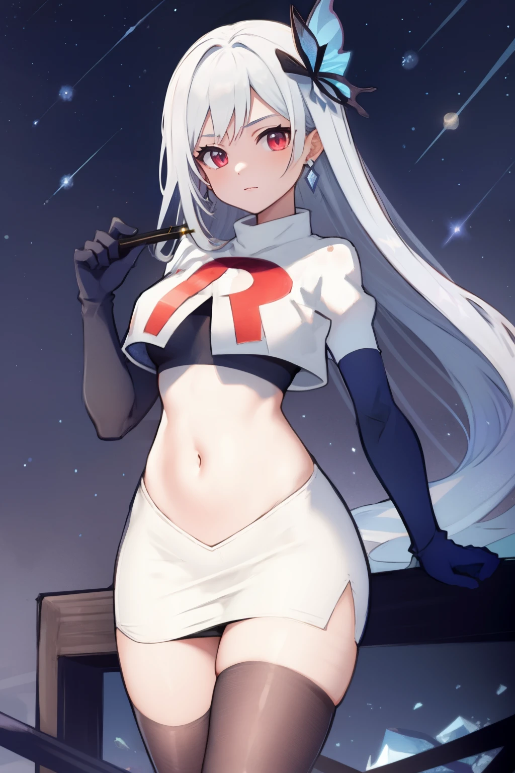 1girl, skirk \(genshin impact\), earrings, butterfly hair ornament, looking at viewer, starry sky, shooting star, cowboy shot, masterpiece, team rocket,team rocket uniform,white skirt,crop top,black thigh-highs,black elbow gloves,