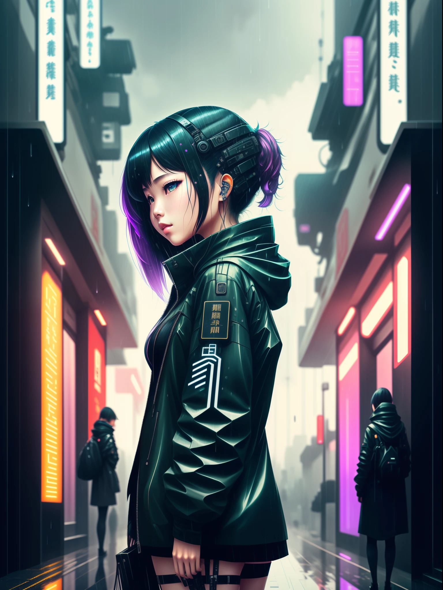 female、shortcut、posture of looking up、cyber punk、decadence、rain