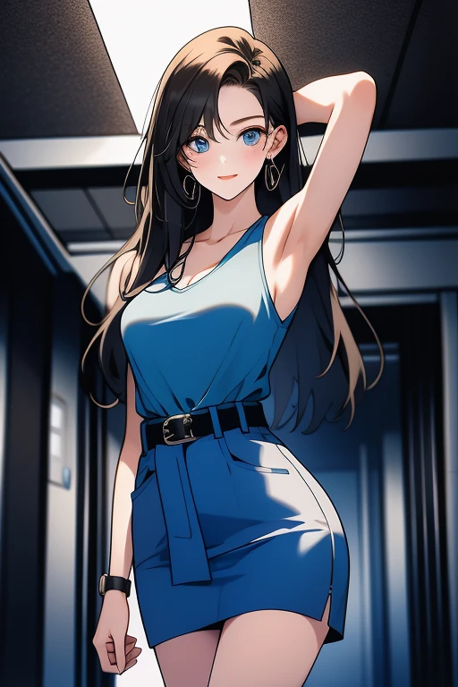 ((masterpiece)), ((best quality)), (ultra-detailed), nsfw, ((underground)),(((belt strongly bound waist))),a cute girl, 1girl, solo, (white mini tanktop dress),(both wrists tied above the head ), (both wrists hung from the ceiling),((thin waist)),large breast, slim, slender, bdsm,beautiful pinkbrown hair, beautiful blue eyes, (beautiful eyes), long hair,troubled expressio