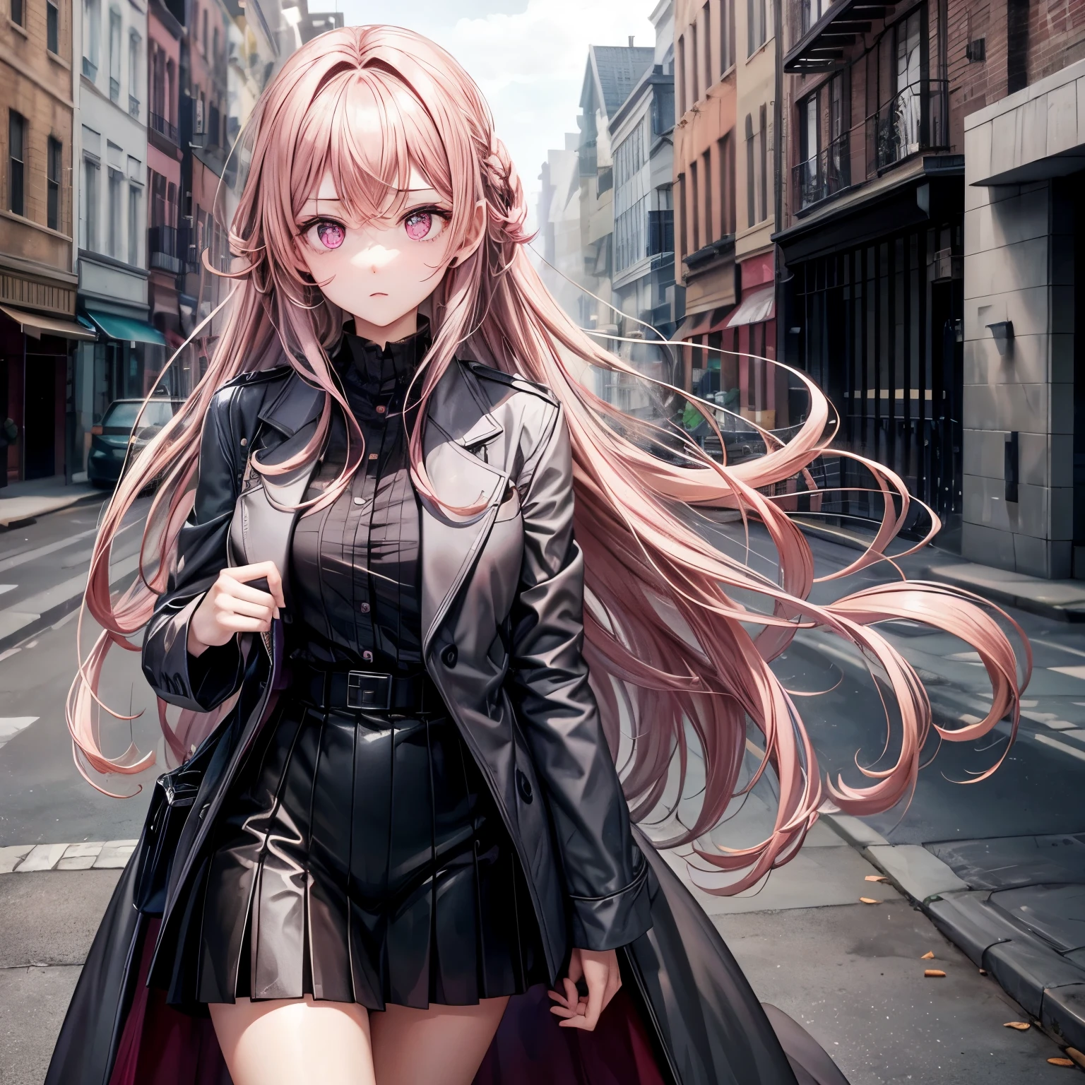HighestQuality、One girl、Pink hair、Longhaire、Hair fluttering in the wind、Black skinny pants、Navel、Black attire、holding a black parasol:1.5、Dark eyes、Small face、smile on face、Constriction、Suck a finger in your mouth:1.7、夜晚、Empty streets、Background blur、巨作