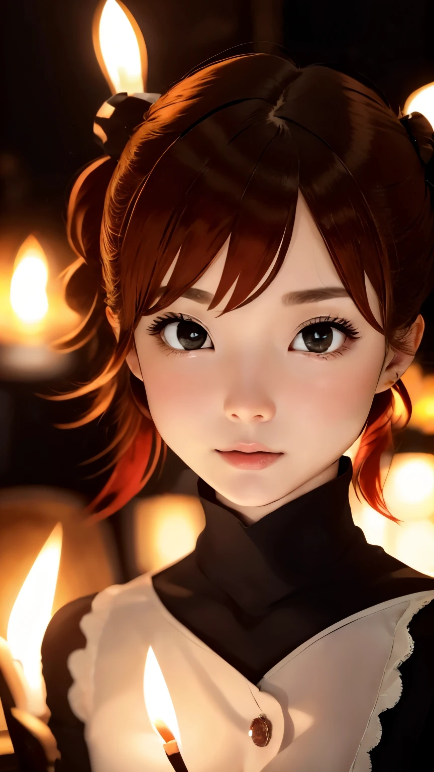 one girl、solo、cute face、14talent、short hair twintails、shortcut、Red hair fastening、small nose、plump lips、ash blonde hair、detailed description、black silk turtleneck shirt、white capelet、ruby necklace、(((dim background、Candlelight、Stone Room)))、highest quality、High resolution、high resolution、master piece:1.3、