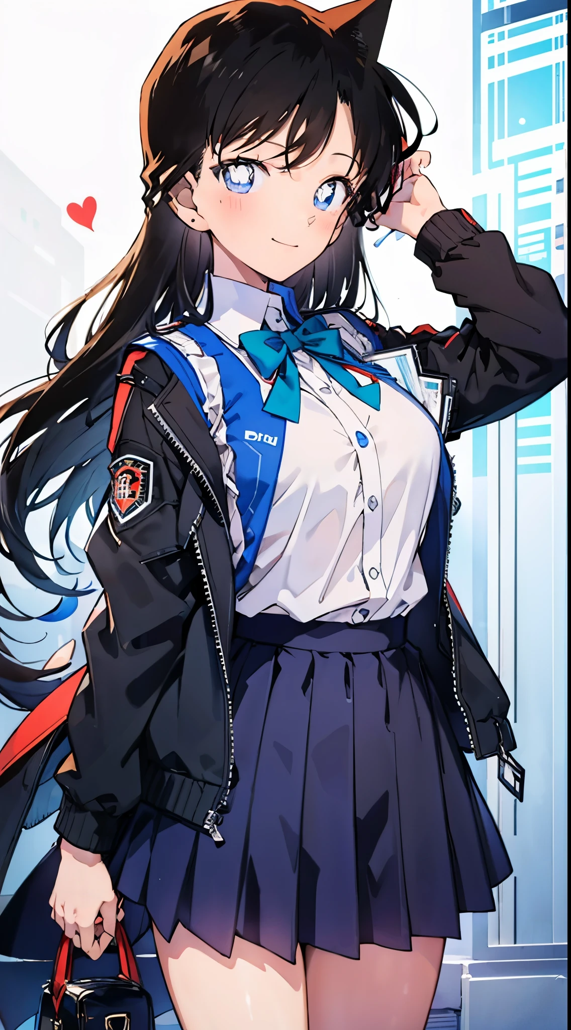 top quality,masterpiece,​masterpiece,8k,High level of image quality,High pixel count,1 female,1 girl,solo,no background,White background,maori land,a smile,dark blue eyes,A black-haired one,long,straight hair,deep blue jacket,closed jacket,dark blue skirt,(Uniforms,school uniform),,Full body female love,standing,facing forward,cowboy shooting,