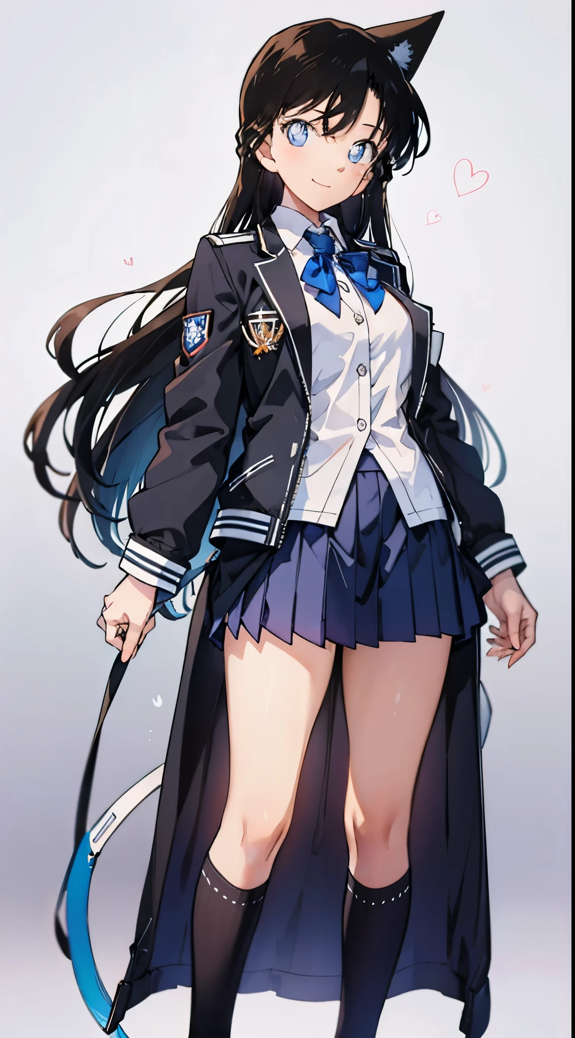 top quality,masterpiece,​masterpiece,8k,High level of image quality,High pixel count,1 female,1 girl,solo,no background,White background,maori land,a smile,dark blue eyes,A black-haired one,long,straight hair,deep blue jacket,closed jacket,dark blue skirt,(Uniforms,school uniform),,Full body female love,standing,facing forward,cowboy shooting,