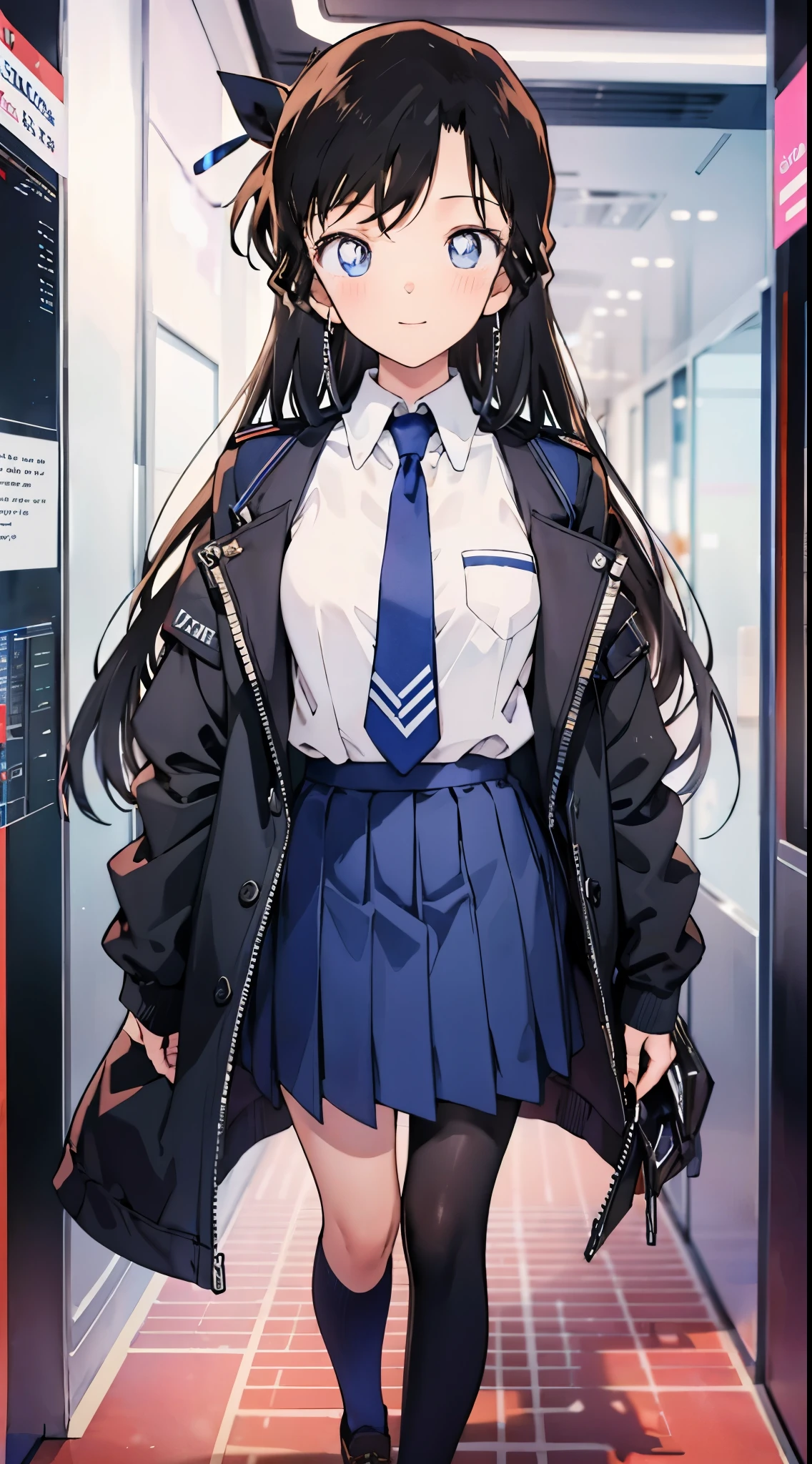 top quality,masterpiece,​masterpiece,8k,High level of image quality,High pixel count,1 female,1 girl,solo,no background,White background,maori land,a smile,dark blue eyes,A black-haired one,long,straight hair,deep blue jacket,closed jacket,dark blue skirt,(Uniforms,school uniform),,Full body female love,standing,facing forward,cowboy shooting,