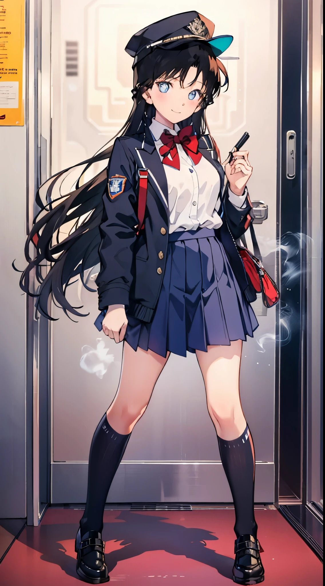 top quality,masterpiece,masterpiece,8k,High level of image quality,High pixel count,1 female,1 girl,solo,no background,White background,maori land,a smile,dark blue eyes,A black-haired one,long,straight hair,deep blue jacket,closed jacket,dark blue skirt,(Uniforms,school uniform),,Full body female love,standing,facing forward,cowboy shooting,