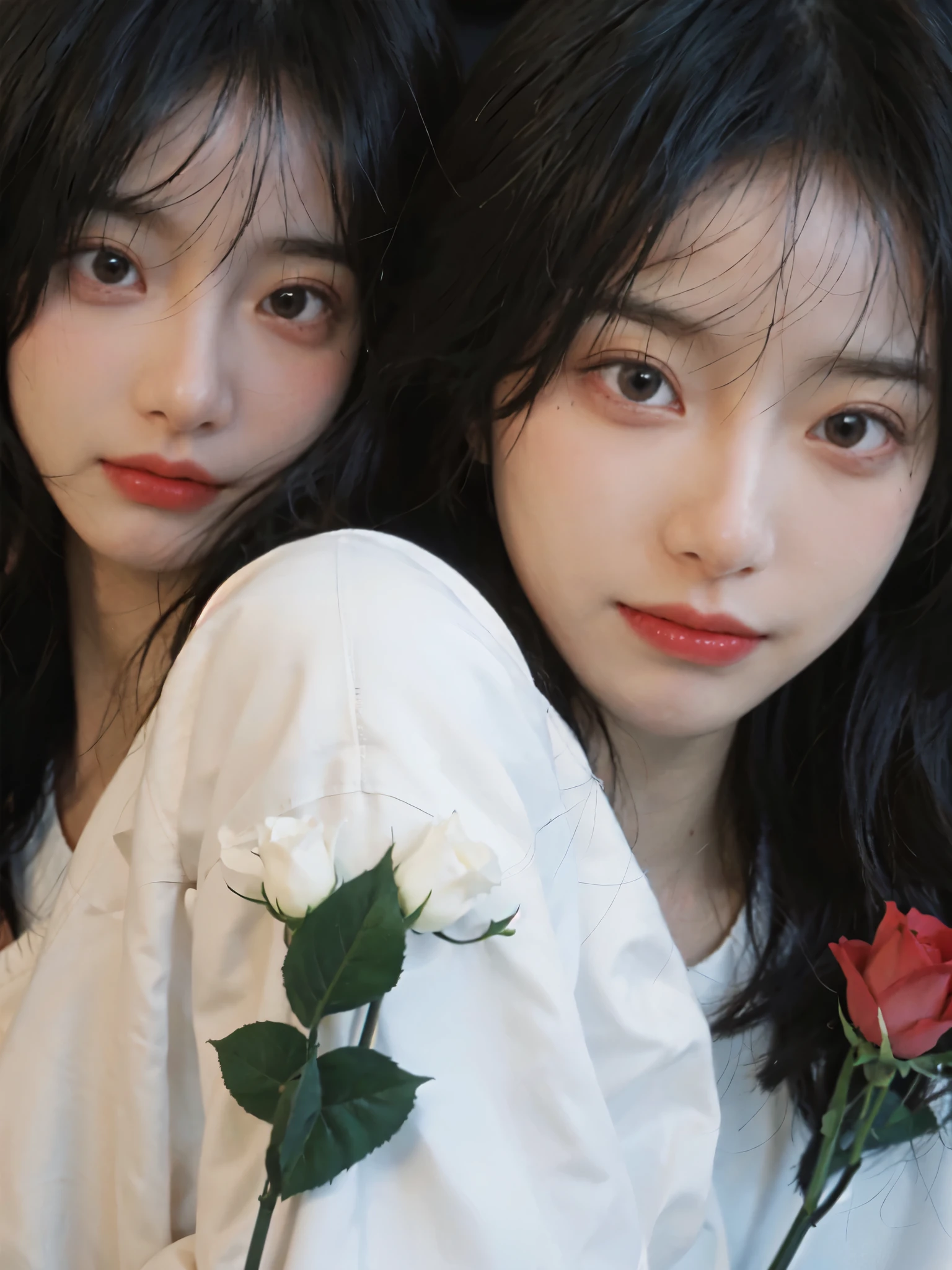 best quality, ultra high resolution, White background,(realistically:1.4), 2 girls, White leather clothes,twin? Red rose,A pair of eyes as clear as snow,Royal sister,looking at the audience, close up ,