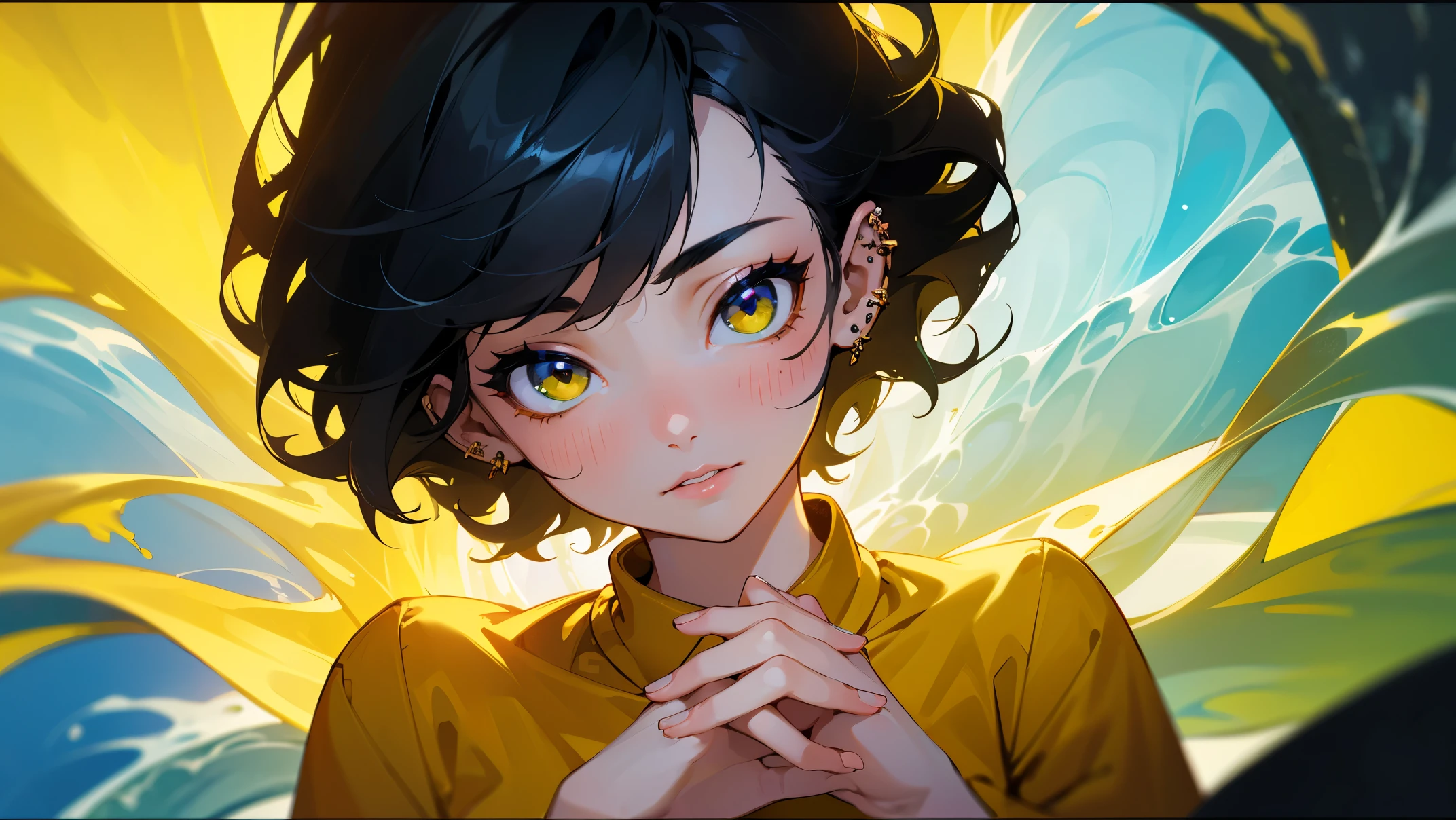 (best quality,8k,high color,gorgeous,fractal art 1.8),1girl,youth,beautiful detailed eyes,beautiful detailed lips,black hair, yellow shirt, ear piercing, nose piercing, short hair, deep under the sea,gorgeous,dynamic,visual impact,hands crossed in the face,waves on the lens 1.5